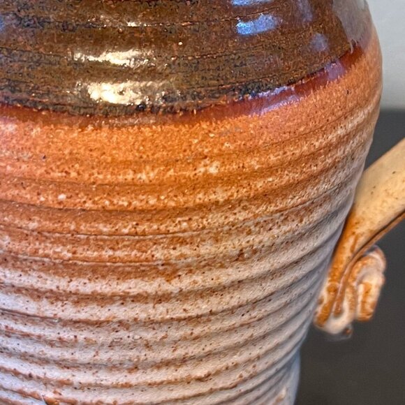 Handcrafted Hand Thrown Studio Clay Pottery Rounded & Ribbed Water Pitcher - Picture 3 of 16